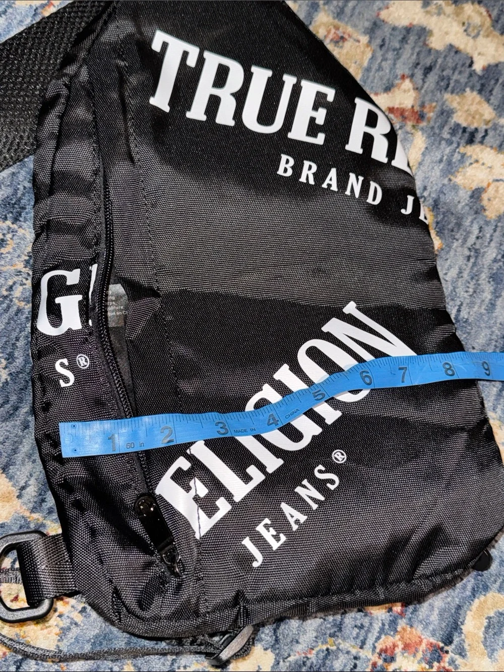 True Religion Black and White Logo Sling Crossbody Zippered Bag